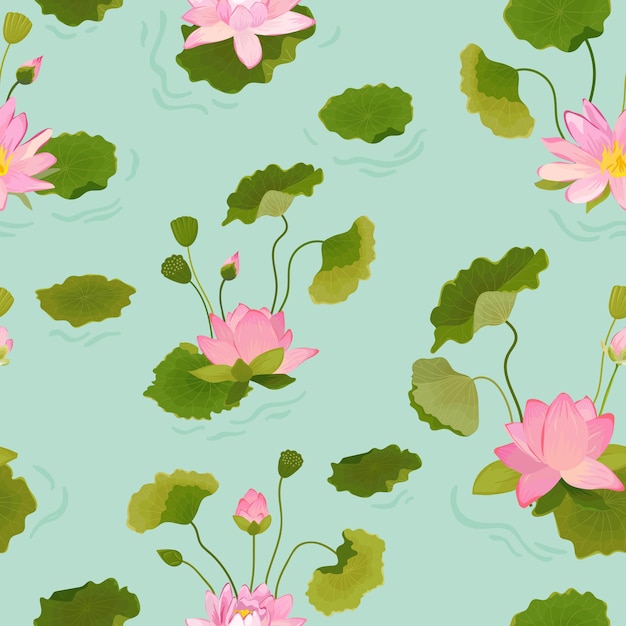 Patrón sin fisuras con flores y hojas de loto, fondo floral tropical retro para estampado de moda, papel tapiz de decoración de cumpleaños. Ilustración vectorial