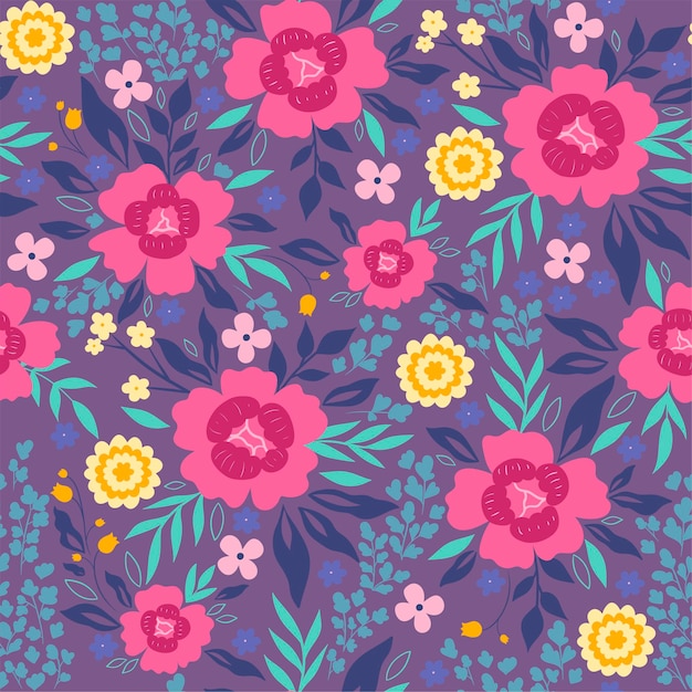Patrón sin fisuras con flores y hojas sobre un fondo lila. Gráficos vectoriales.