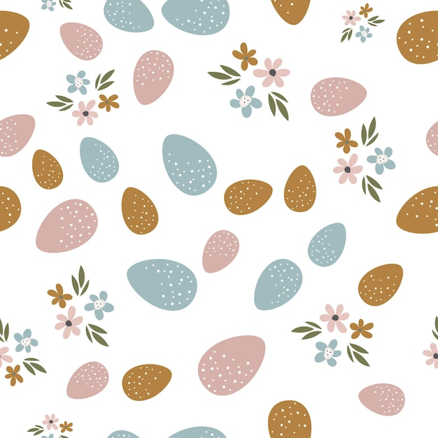 Patrón sin fisuras con flores y huevos de Pascua. Flores, huevos, pascua, primavera. Textil, estampado, primavera.