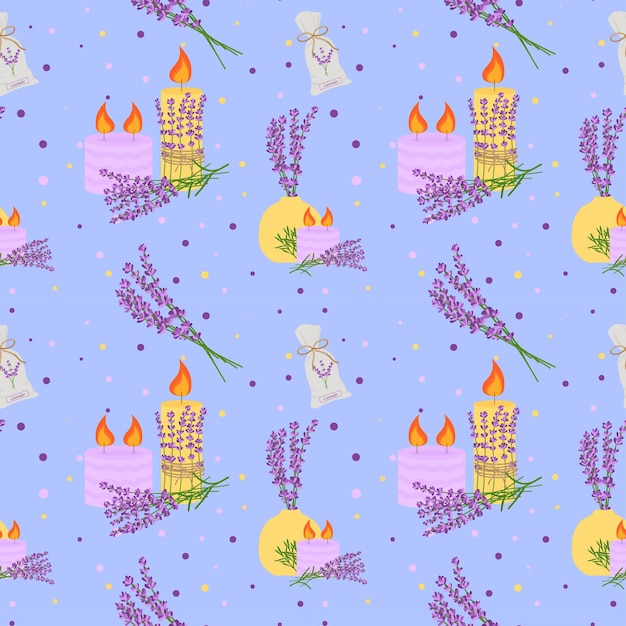 Patrón sin fisuras con flores de lavanda con flores en un jarrón velas ilustración vectorial
