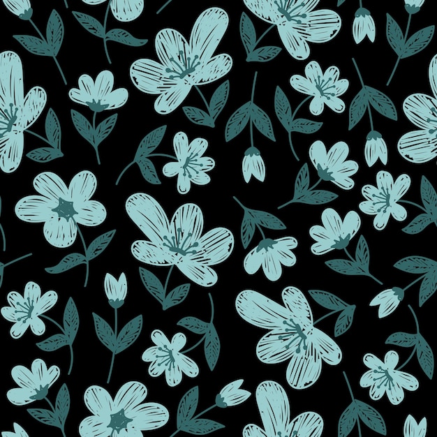 Patrón sin fisuras con flores pintadas de menta sobre un fondo negro en un vector