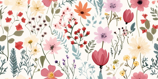 Patrón sin fisuras con flores y plantas. Bonito estampado abstracto de flores dibujado a mano. Dibujos animados modernos