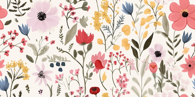 Patrón sin fisuras con flores y plantas. Bonito estampado abstracto de flores dibujado a mano. Dibujos animados modernos