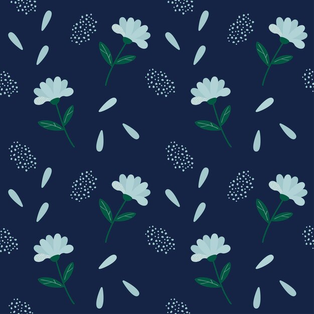Patrón sin fisuras con flores y puntos sobre un fondo azul oscuro.