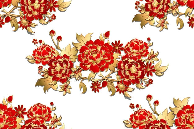 Patrón sin fisuras con flores rojas con hojas doradas