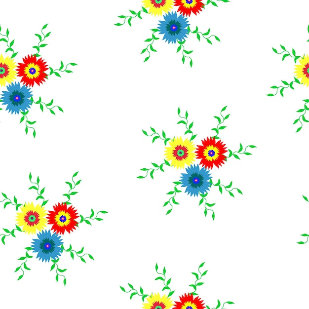 Patrón sin fisuras de flores en rojo azul y amarillo con hojas 2