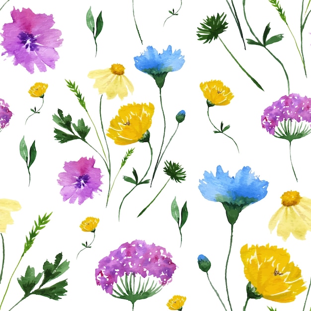 Patrón sin fisuras con flores silvestres de acuarela sobre fondo blanco.