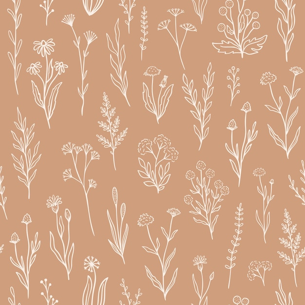 Patrón sin fisuras de flores silvestres con contorno floral. Diseño de impresión de estilo retro con flores de doodle dibujadas a mano en colores rústicos. Patrones florales de campo simple para papel tapiz, embalaje, diseño de telas
