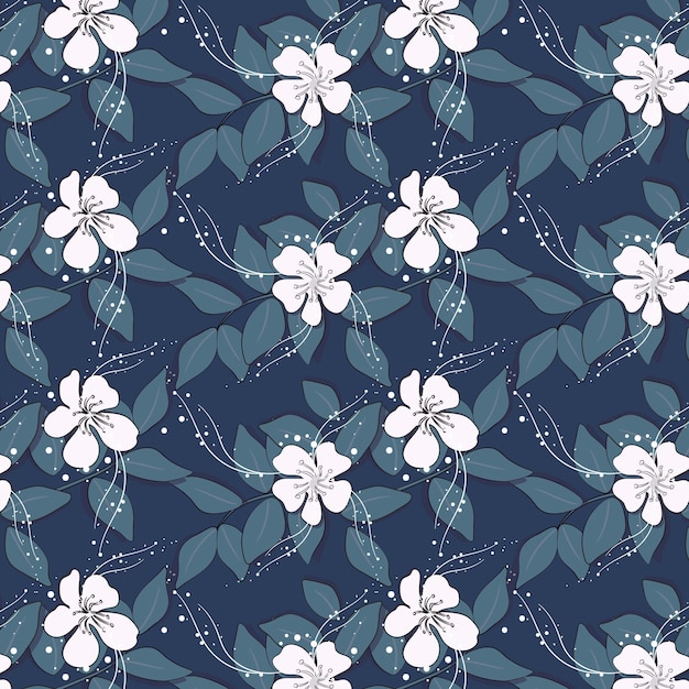 Patrón sin fisuras con flores sobre un fondo azul oscuro.