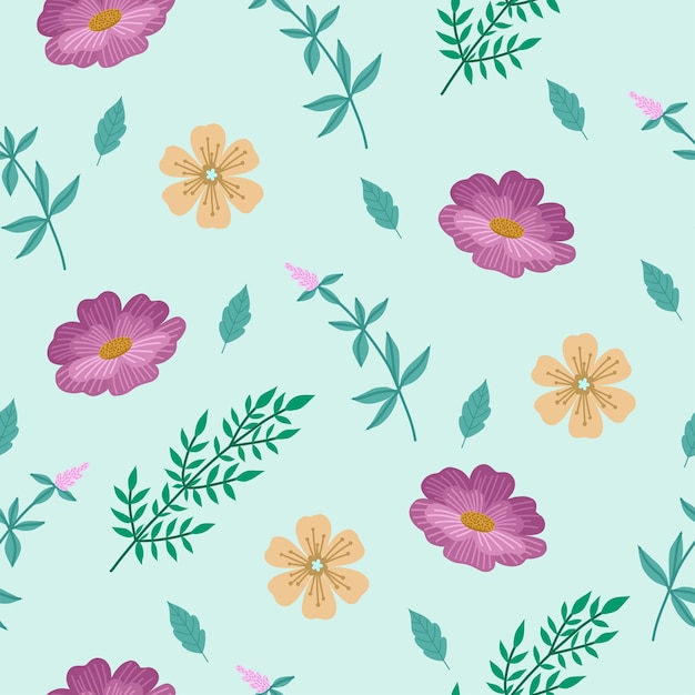 Patrón sin fisuras con flores sobre fondo azul.
