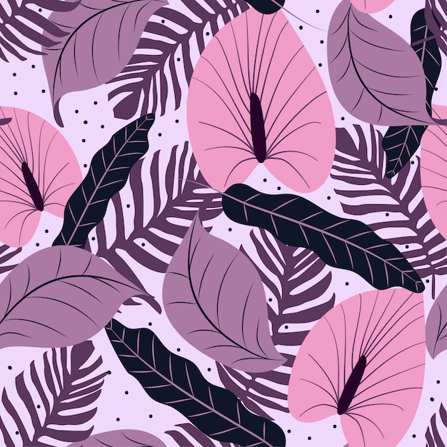Patrón sin fisuras con fondo lila y hojas tropicales