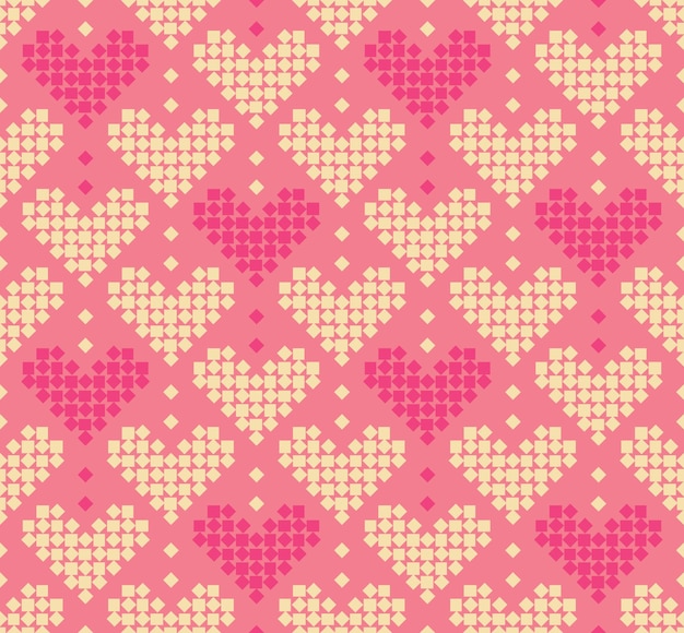 Patrón sin fisuras con forma de corazón y remolinos de cuadrados o píxeles