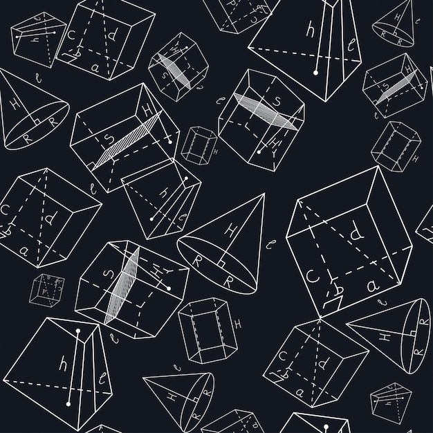 Vector patrón sin fisuras con formas geométricas. rectangular paralelepípedo, oblicuo paralelepípedo, prisma recto, prisma inclinado, pirámide truncada, cono.