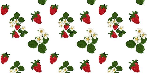 Vector un patrón sin fisuras de fresas y flores sobre un fondo blanco.