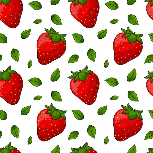 Patrón sin fisuras con fresas y hojas Elementos de colores en un estilo lineal