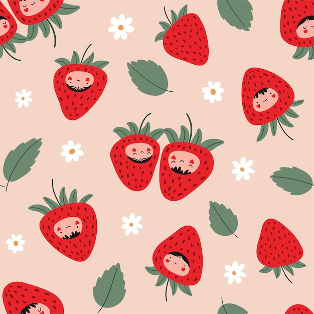 Patrón sin fisuras con fresas hojas flores berry personajes enamorados ilustración vectorial