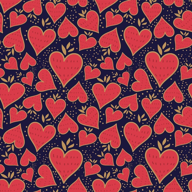 Patrón sin fisuras con fresas y hojas en forma de corazón. Imagen vectorial sobre un fondo oscuro. EPS 10.