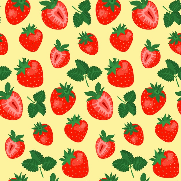 Patrón sin fisuras con fresas sobre fondo amarillo.