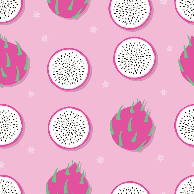 Patrón sin fisuras de fruta, fruta de dragón con flores sobre fondo rosa. Fruta tropical exótica.