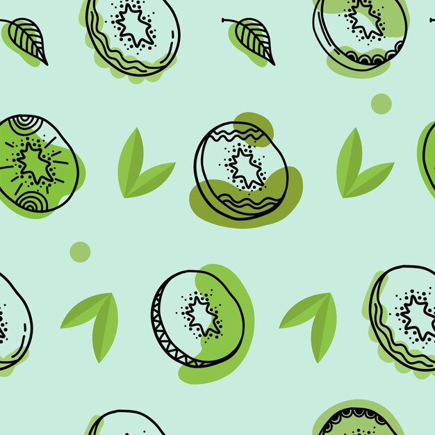 Patrón sin fisuras de la fruta de kiwi Kiwi en dibujos animados y estilo dibujado a mano telón de fondo repetido Fruta entera y mitad cortada Plantilla de alimentos para papel tapiz de papel de regalo textil de fondo