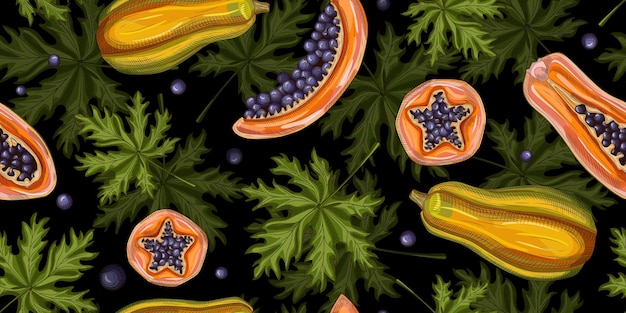 Vector patrón sin fisuras de fruta de papaya sobre fondo negro plantas tropicales retro en estilo de grabado