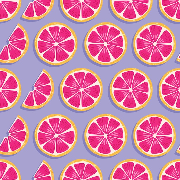 Patrón sin fisuras de fruta, rodajas de pomelo con sombra sobre fondo morado. Fruta tropical exótica.