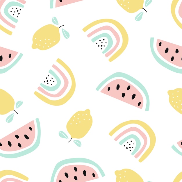 Patrón sin fisuras con frutas y arco iris sobre un fondo blanco Ilustración vectorial para imprimir