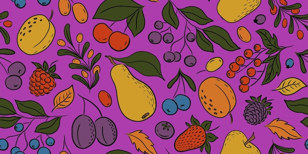 Patrón sin fisuras con frutas y bayas multicolores sobre un fondo lila en vector