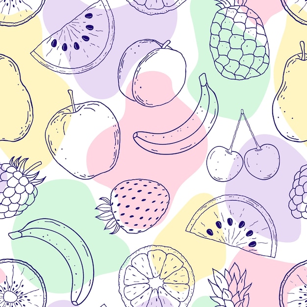 Vector patrón sin fisuras con frutas dibujadas a mano y formas abstractas sobre fondo blanco