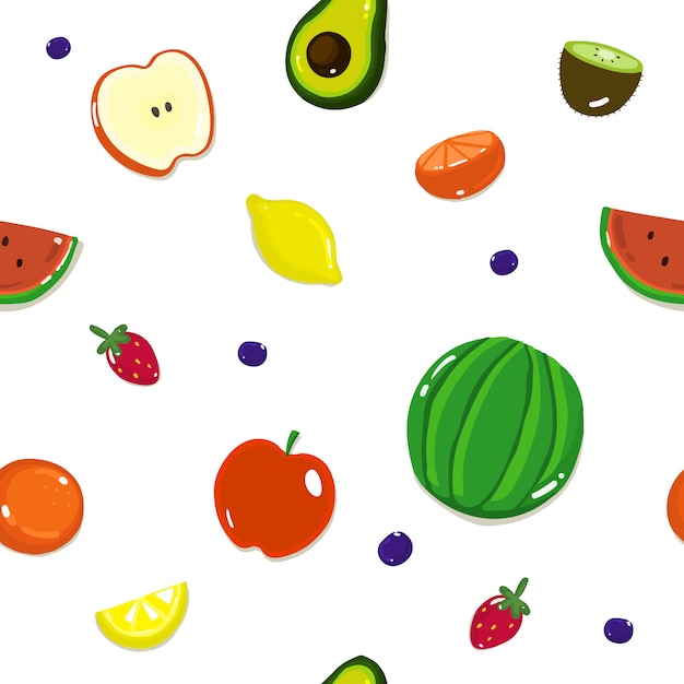 Patrón sin fisuras de frutas, con diferentes frutas y bayas en un blanco.