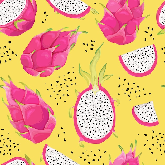 Patrón sin fisuras con frutas de dragón, fondo de pitaya. Ilustración de vector dibujado a mano en estilo acuarela para cubierta romántica de verano, papel tapiz tropical, textura vintage