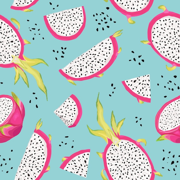 Patrón sin fisuras con frutas de dragón, fondo de pitaya. Ilustración de vector dibujado a mano en estilo acuarela para cubierta romántica de verano, papel tapiz tropical, textura vintage