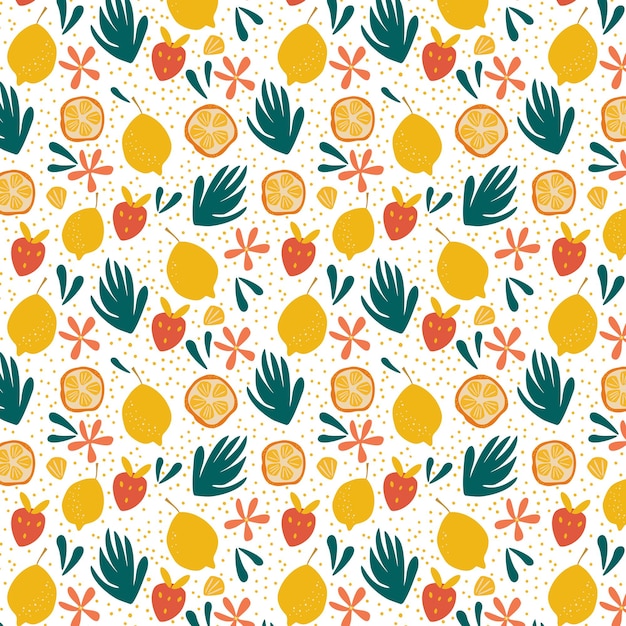 Patrón sin fisuras de frutas exóticas en estilo dibujado a mano. Limones frescos, naranjas, fresas y fondo de flores brillantes. Fondo de repetición de vector bueno para imprimir.