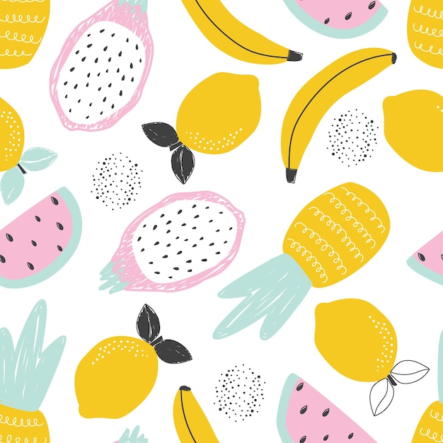 Patrón sin fisuras con frutas de plátano limón piña sobre un fondo blanco ilustración vectorial