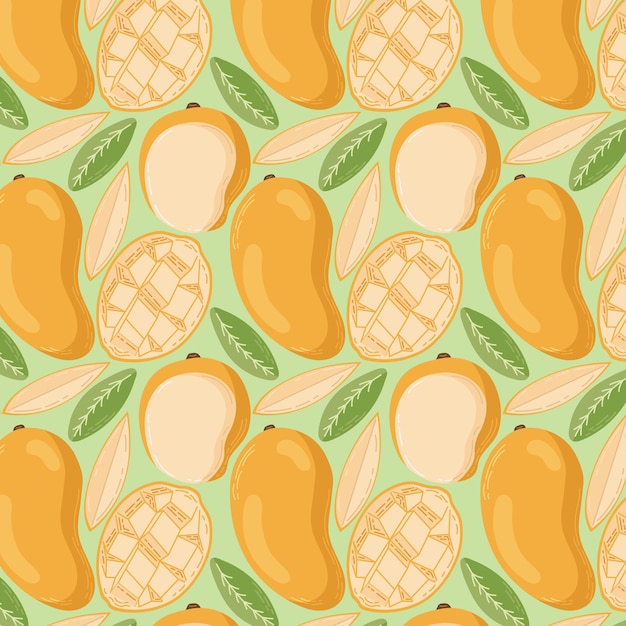 Vector patrón sin fisuras de frutas para productos textiles piezas de mango y hueso en un estilo plano