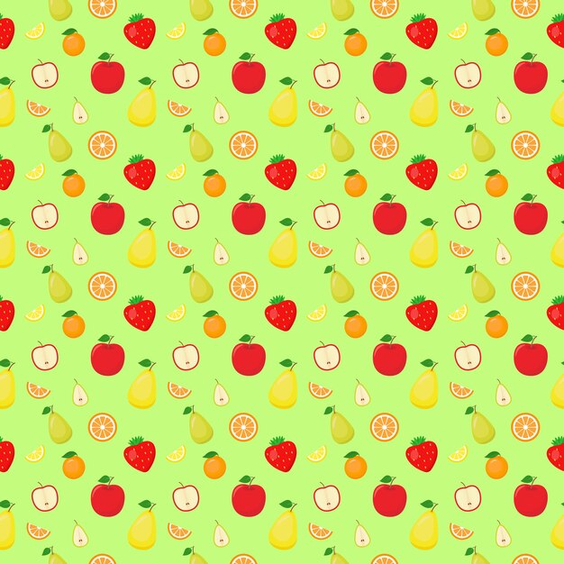 Patrón sin fisuras con frutas sobre un fondo verde