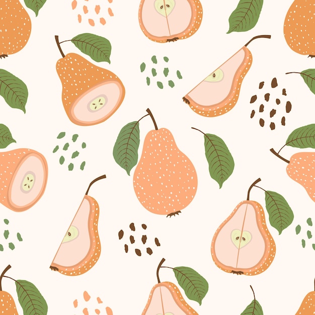 Patrón sin fisuras de frutas tropicales abstractas de pera con hojas y rodajas