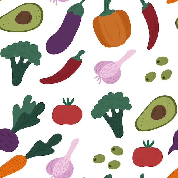 Patrón sin fisuras de frutas y verduras. Alimentos frescos. Ilustración dibujada a mano.