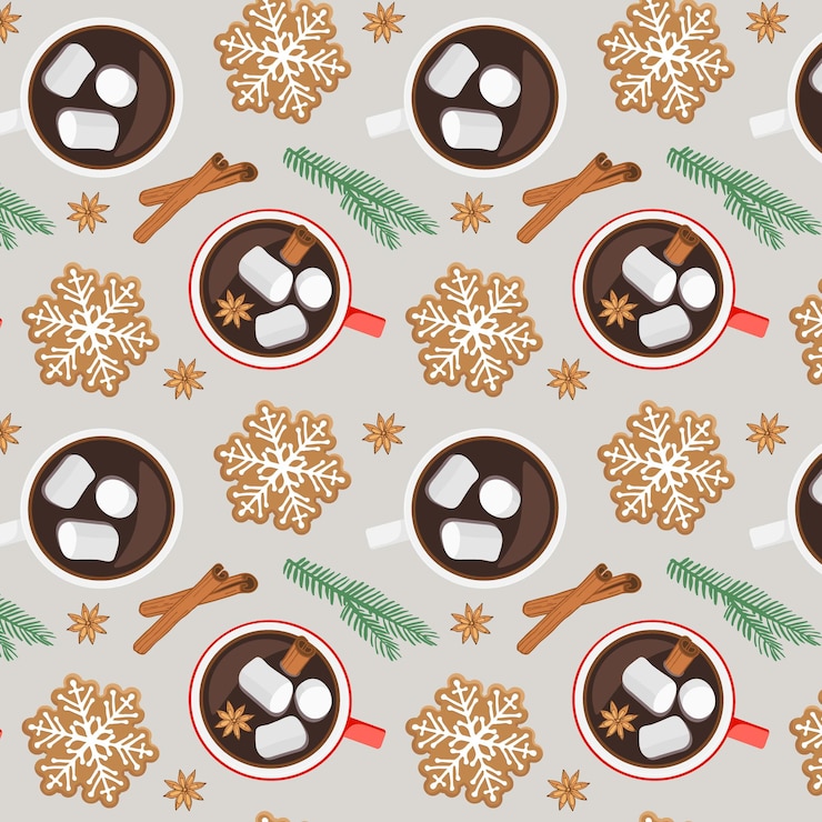 Vector patrón sin fisuras con galletas de forma de copo de nieve de pan de jengibre de taza de chocolate caliente anís ramita de abeto