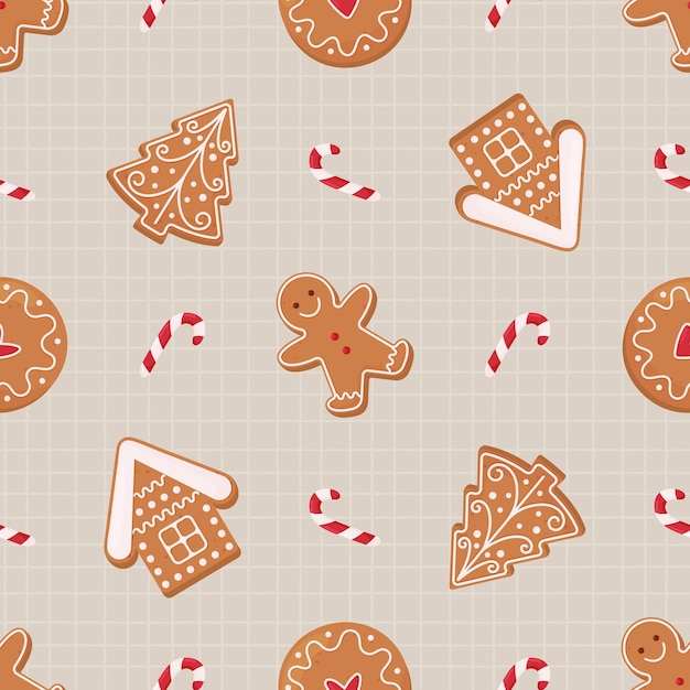 Patrón sin fisuras de galletas de jengibre de Navidad sobre un fondo beige a cuadros