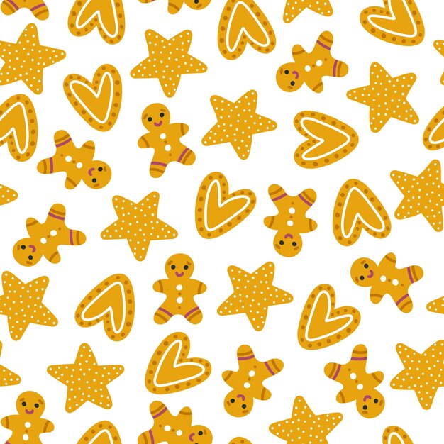 Patrón sin fisuras de galletas de Navidad. ilustración dibujada a mano. Hombre de pan de jengibre con corazones y estrellas.