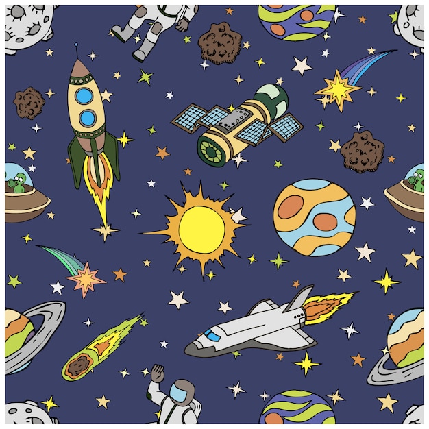 Patrón sin fisuras con garabatos del espacio exterior, símbolos y elementos de diseño, naves espaciales, planetas, estrellas, cohetes, astronautas, cometas. dibujos animados de colores de fondo. dibujado a mano ilustración.