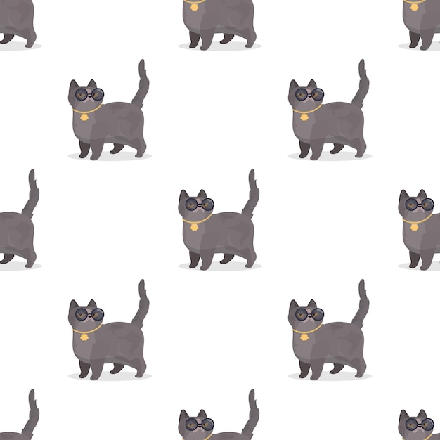 Patrón sin fisuras con gato gris con gafas y cadena de oro ilustración