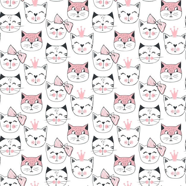Patrón sin fisuras de gato de moda. Ilustración de lindo gatito en estilo boceto. Fondo de animales de dibujos animados. Gatito de Doodle. Ideal para tela, papel tapiz, papel de regalo, textil, ropa de cama, estampado de camisetas.