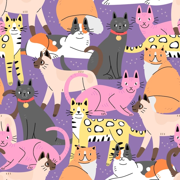 Patrón sin fisuras con gatos lindos sobre un fondo morado Fondo con animales Ilustración vectorial