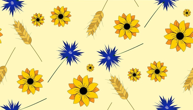 Patrón sin fisuras de girasoles acianos y espiguillas