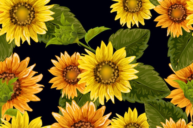 Patrón sin fisuras con girasoles sobre fondo negro.