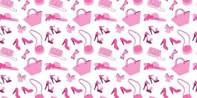 Patrón sin fisuras con glamurosos zapatos de gafas de sol de bolsa de sombrero rosa de moda sobre fondo blanco
