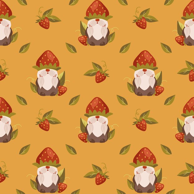 Patrón sin fisuras con gnomos y fresas sobre fondo amarillo