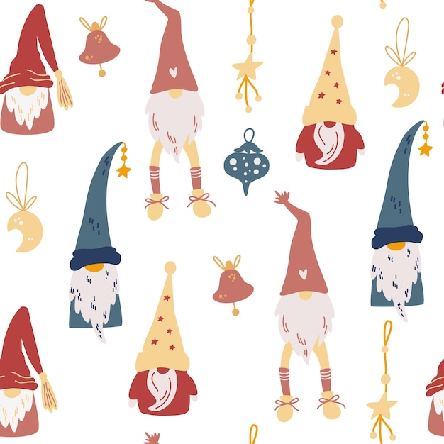 Patrón sin fisuras de gnomos de Navidad. Juguetes, estrellas, meses y cintas. Navidad escandinava repetida fondo. Vacaciones de invierno de vector imprimir para textil, papel pintado, tela.